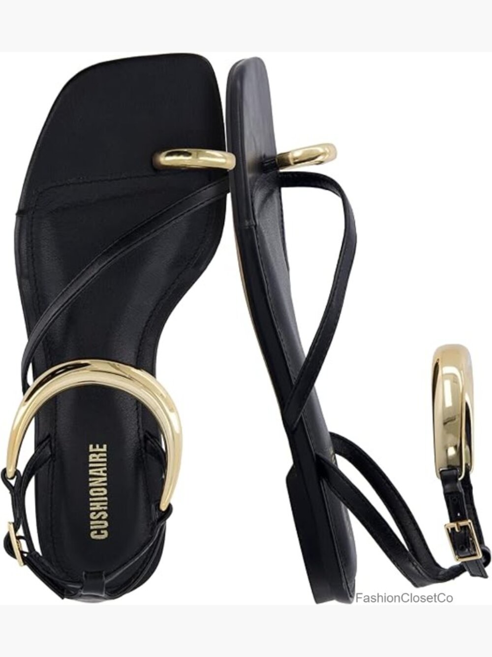Flat Sandals for Women with Gold Ankle Cuff and Toe Ring, Vegan Leather